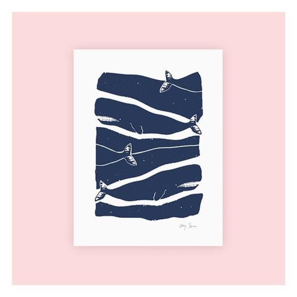 Silkscreen print with whales, 8x10 inches