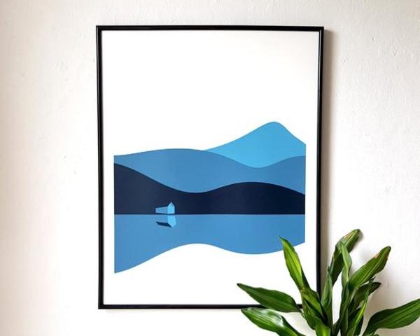 Lakeside Cabin Cottage Minimal Landscape Adventure Screen Print Art Poster by OR8 DESIGN